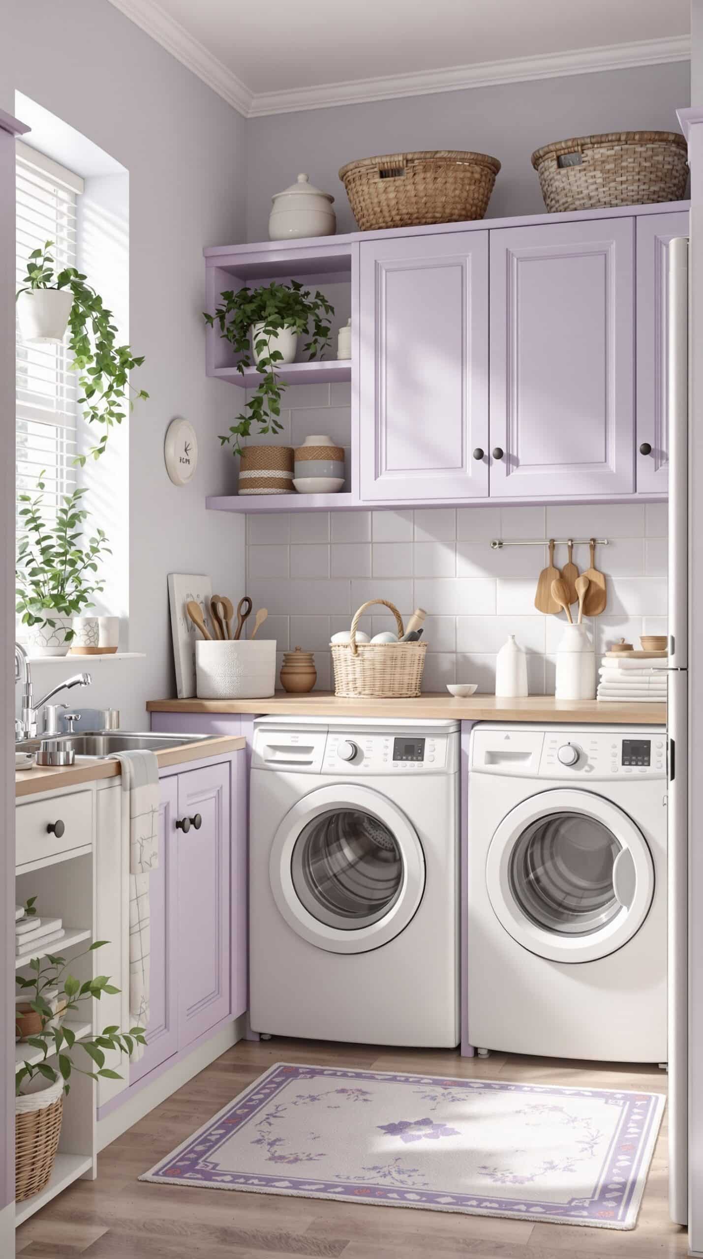A laundry room featuring lavender painted cabinets, white appliances, and natural wood accents.