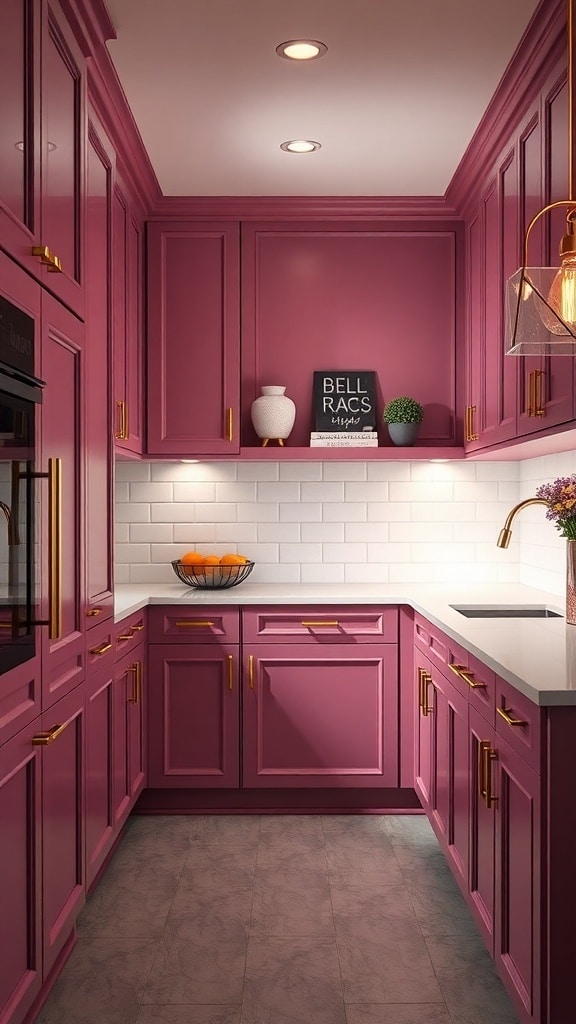 A kitchen featuring dark pink cabinets with gold accents, white subway tiles, and a modern design.