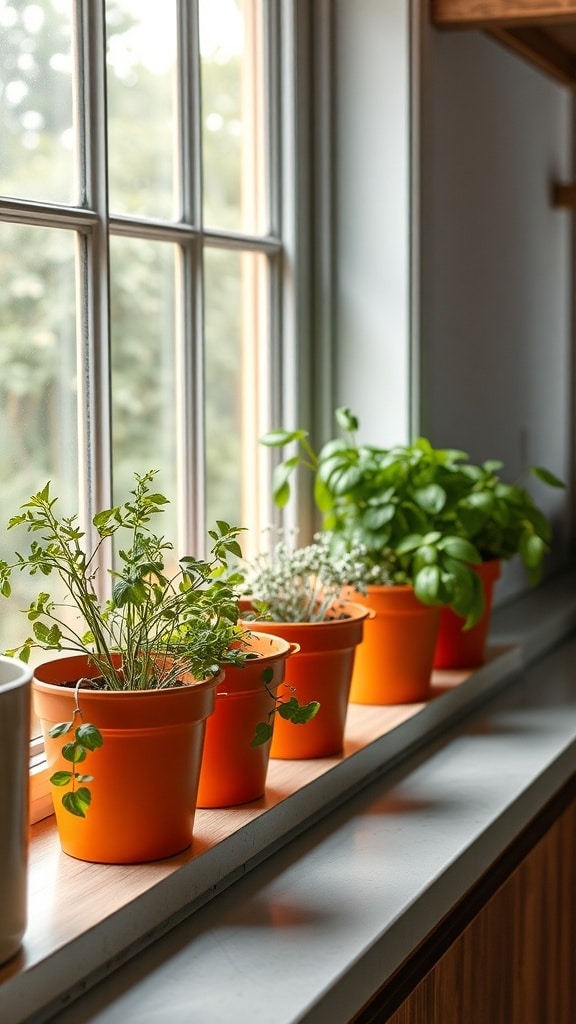 A row of orange herb planters with various herbs on a windowsill