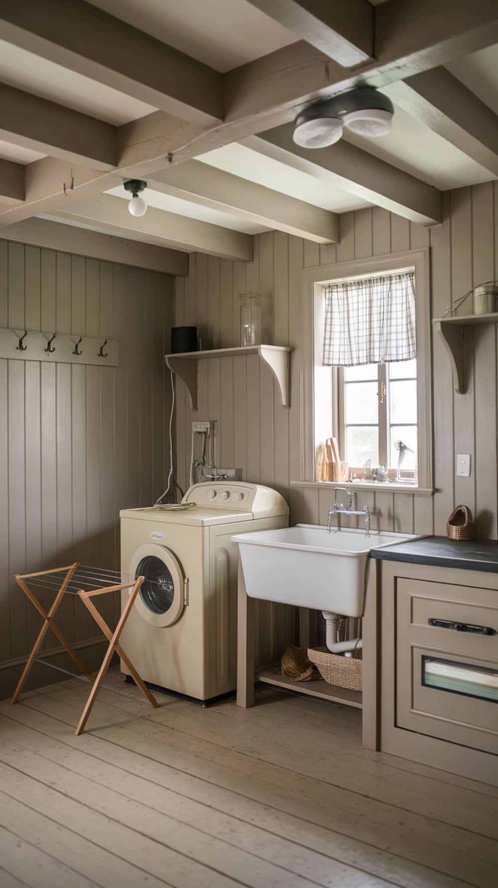 A rustic laundry room featuring taupe wood finishes, vintage appliances, and natural light.