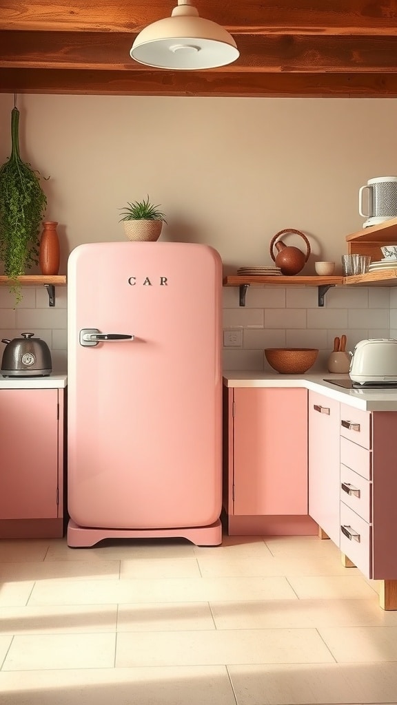 A blush pink refrigerator in a cozy kitchen with matching cabinets and warm lighting.