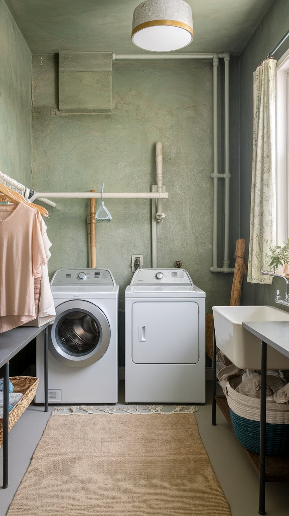 A laundry room featuring textured sage green wallpaper, white appliances, and natural decor elements.