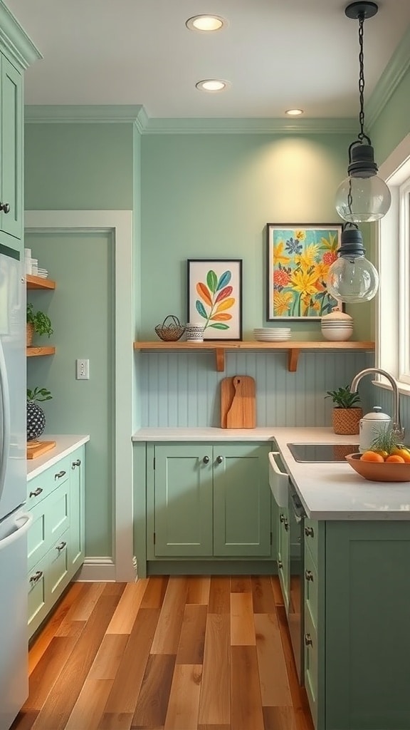 A cozy kitchen featuring mint green walls and cabinets, with wooden accents and colorful artwork.