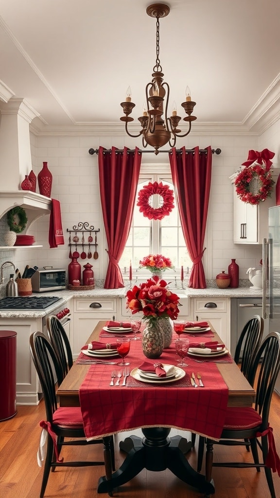 A cozy kitchen featuring burgundy accessories, including curtains, table settings, and decorative items, creating a warm atmosphere.