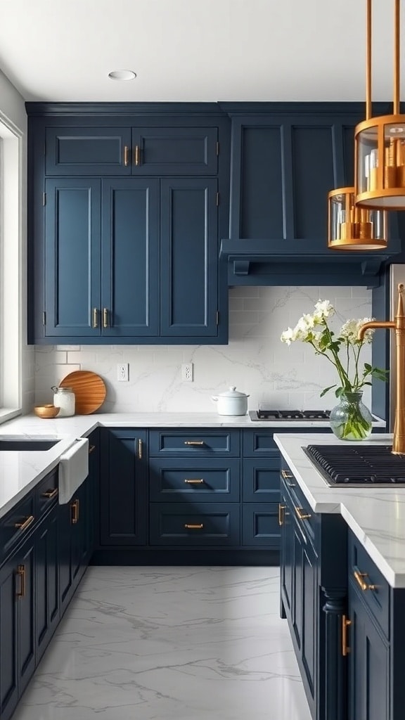A modern navy blue kitchen featuring white marble countertops and gold accents.