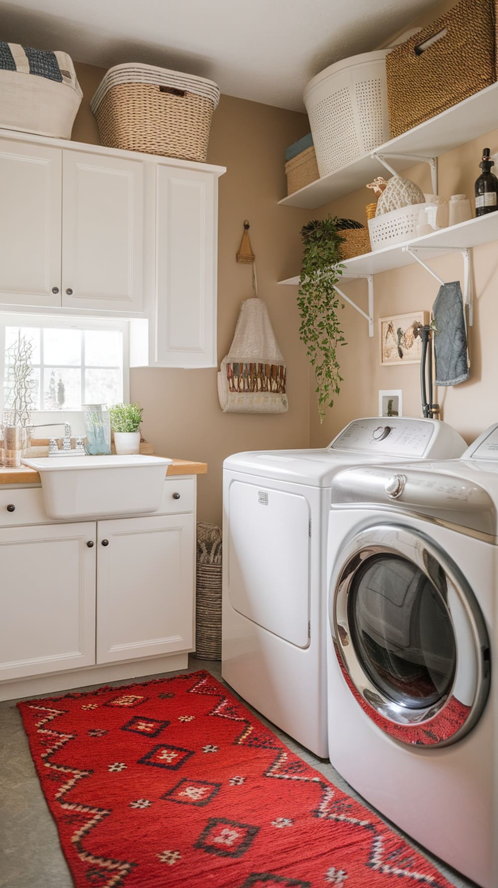 A bright red rug in a laundry room with white cabinets and appliances.