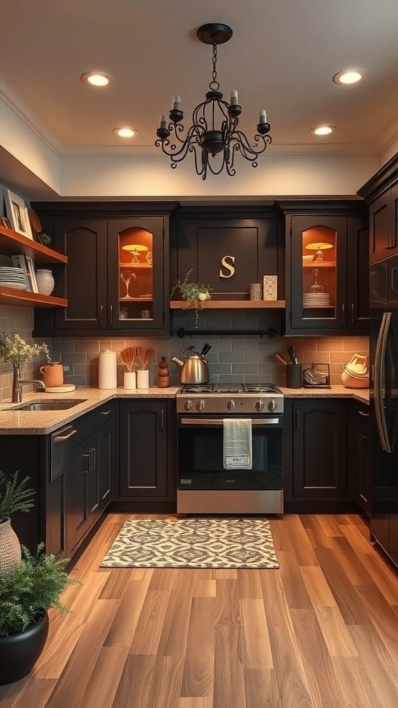 A cozy chocolate brown kitchen featuring dark cabinetry, warm lighting, and decorative elements.