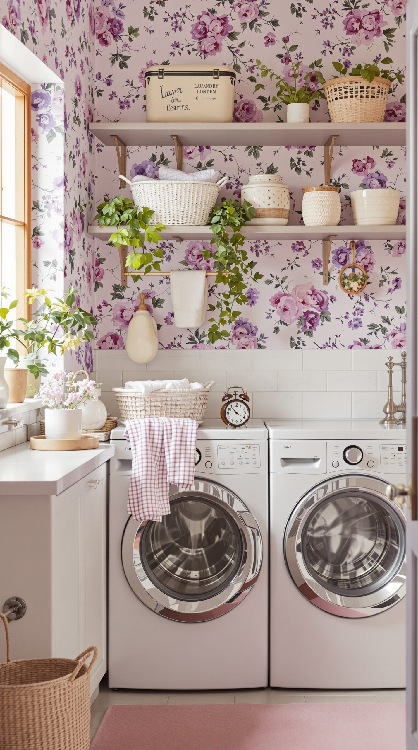 A vintage laundry room featuring lavender floral wallpaper, white washing machines, and wicker baskets.