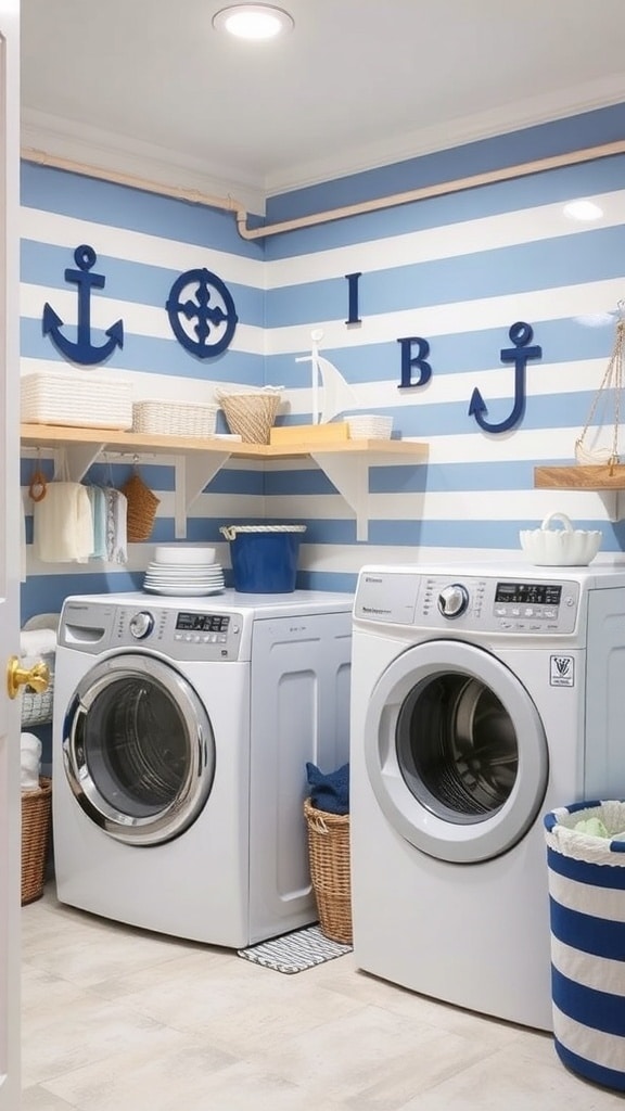 A laundry room with blue and white striped walls, nautical decor, and modern washing machines.