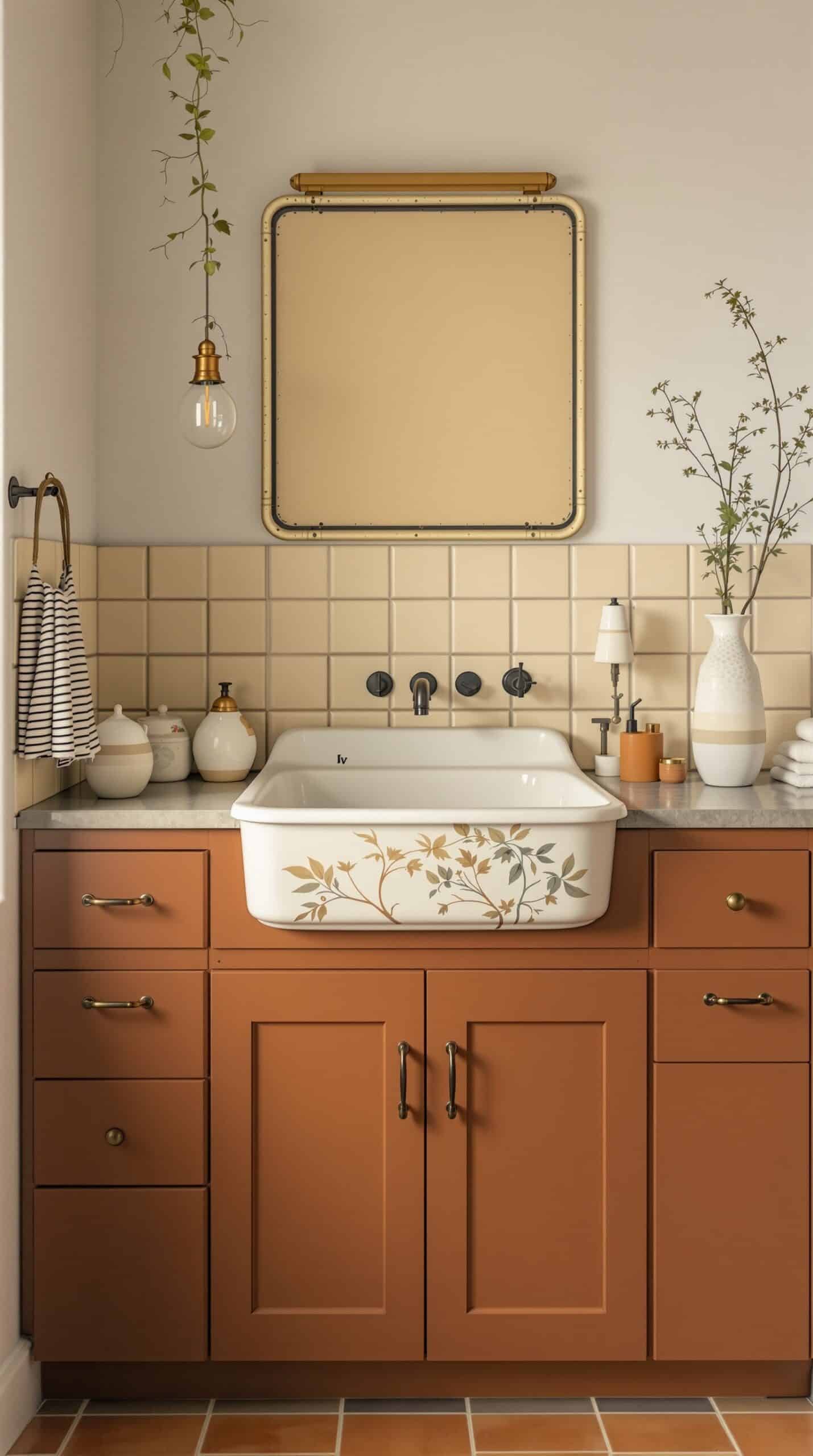 Vintage laundry sink with floral design and earthy brown cabinetry