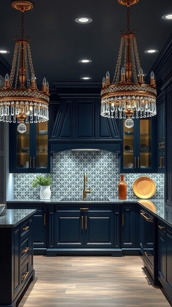 A navy blue kitchen featuring elegant chandeliers with crystal details, showcasing modern design.