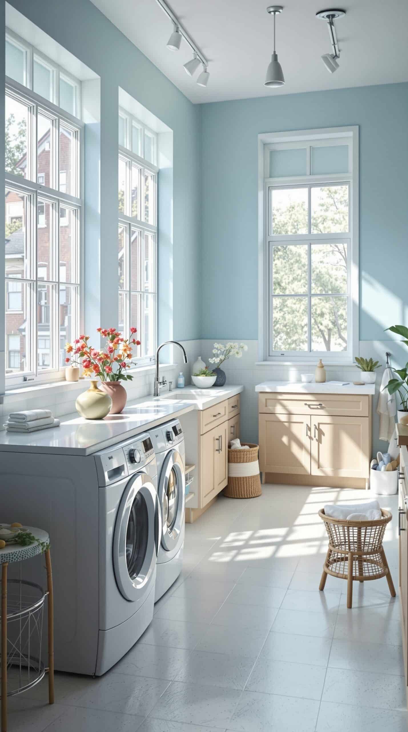 Bright and airy light blue laundry room with large windows, modern appliances, and decorative flowers.