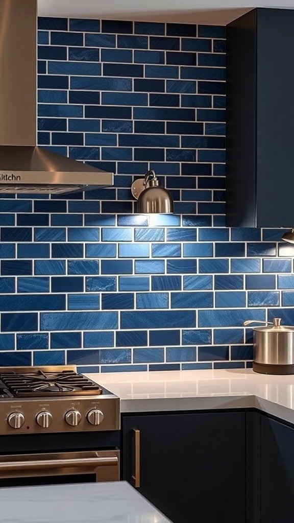 A modern kitchen featuring a bold indigo backsplash with glossy tiles.