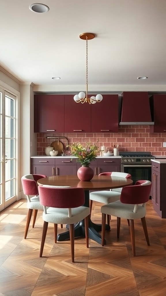 A burgundy accented dining area with a round table and chairs, featuring a warm wooden floor and stylish decor.