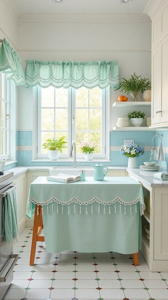 A mint-colored kitchen with matching textiles, including a tablecloth and window treatments, creating a bright and inviting atmosphere.