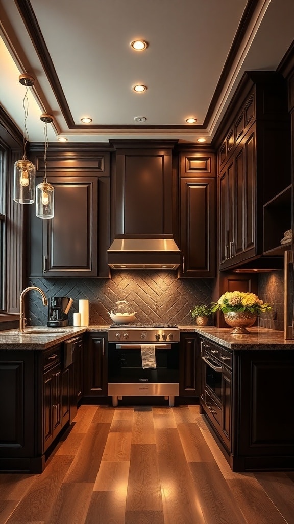 A modern kitchen featuring rich chocolate walls, dark cabinetry, and elegant lighting.