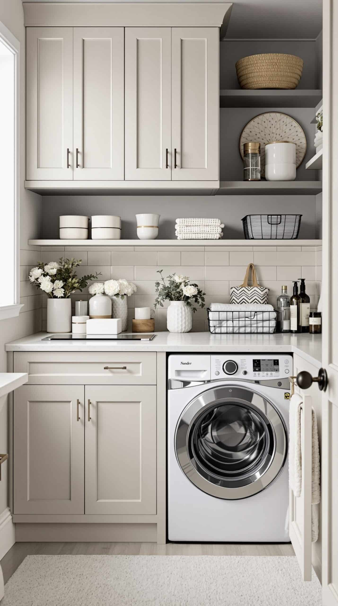 A stylish laundry room featuring cream cabinetry, gray walls, and decorative elements.