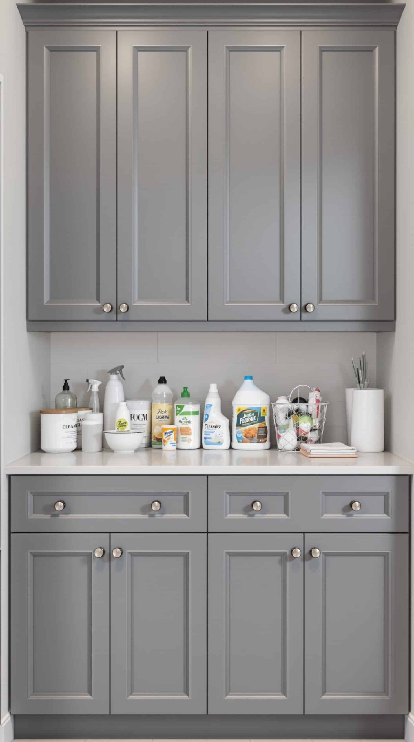 Gray cabinets in a laundry room with various cleaning supplies on the countertop.