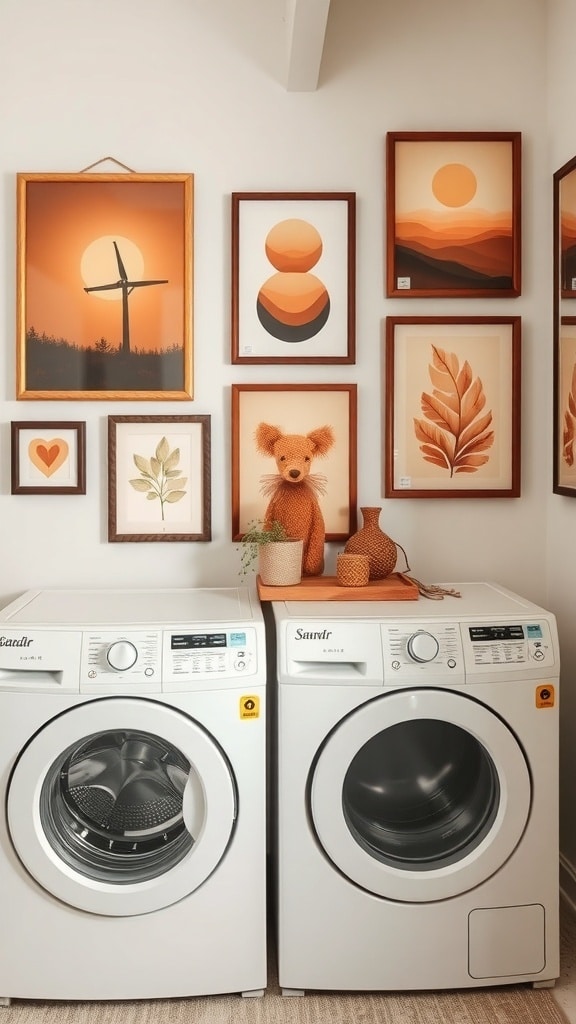 A stylish laundry room featuring artistic wall decor in caramel tones, with framed artwork and a decorative bear.