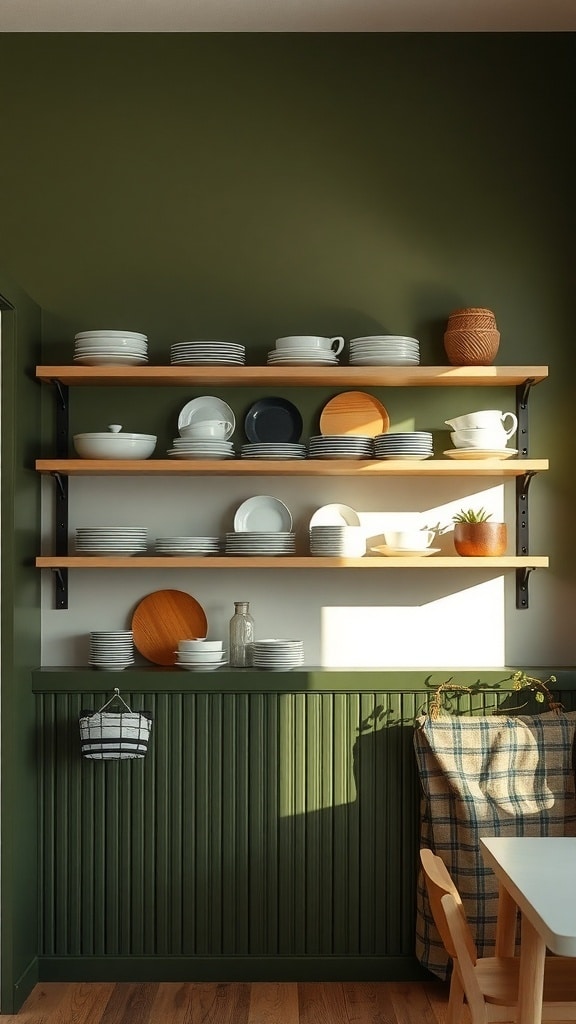 Open shelving in a kitchen with an olive green backdrop, displaying various dishware and wooden accents.