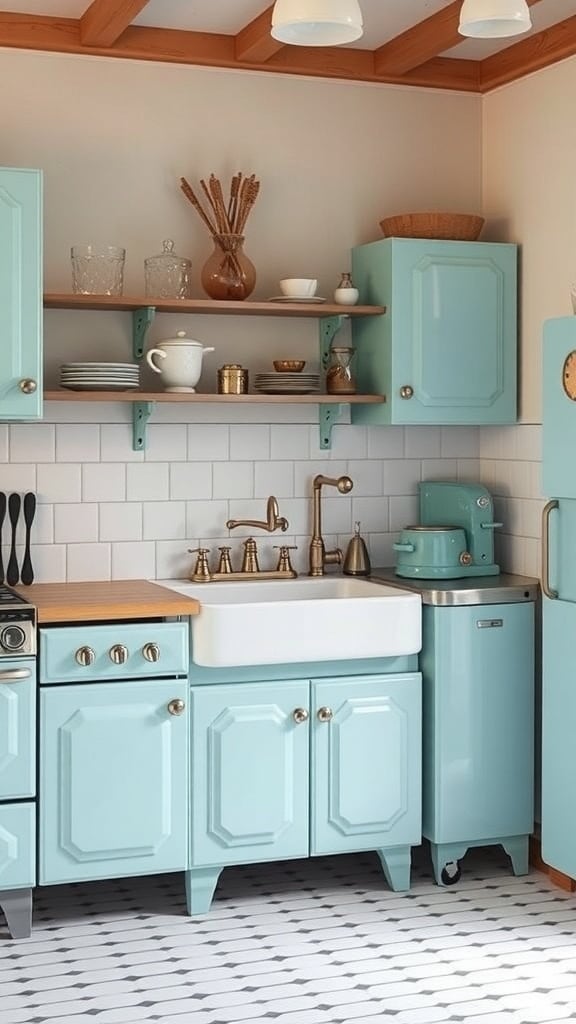 A vintage light blue kitchen featuring retro appliances, wooden accents, and a cozy atmosphere.