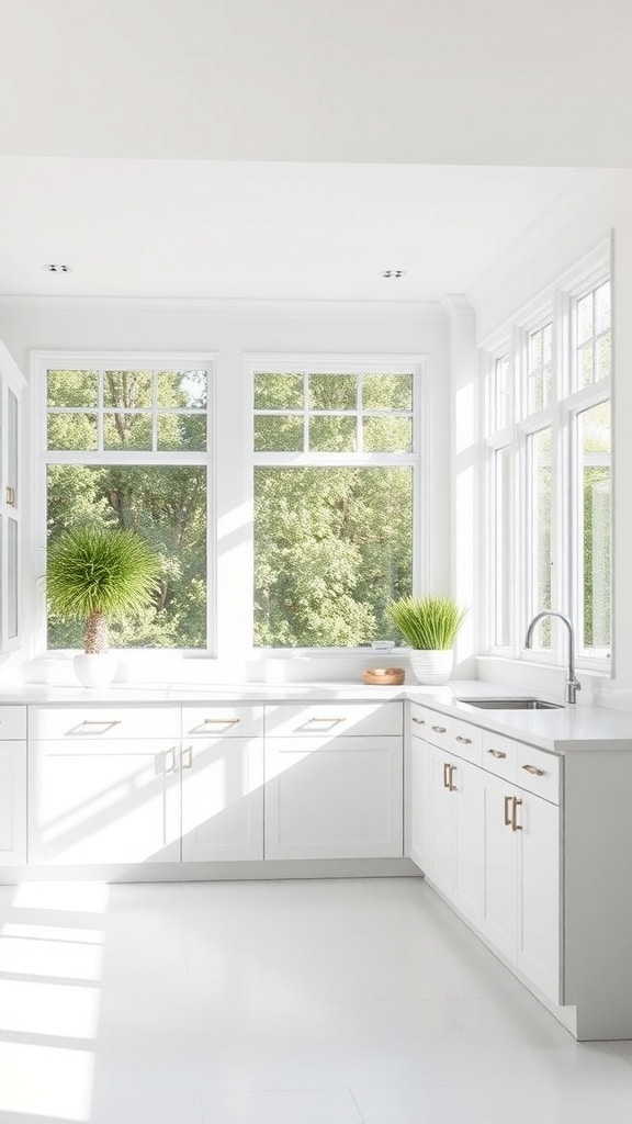 A bright minimalist white kitchen with large windows and green plants.