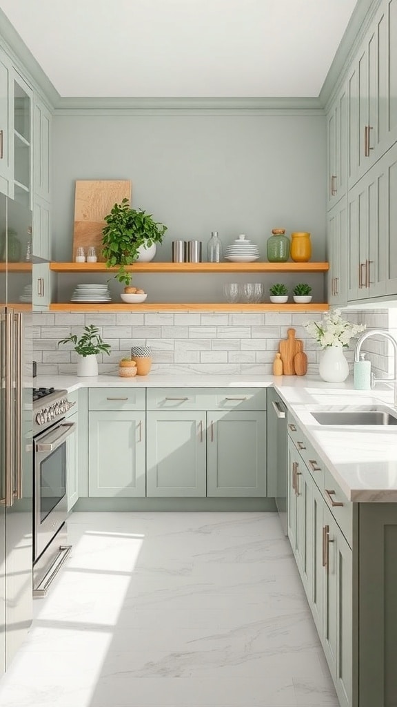A cozy sage green kitchen with white countertops and wooden shelves, featuring plants and kitchenware.