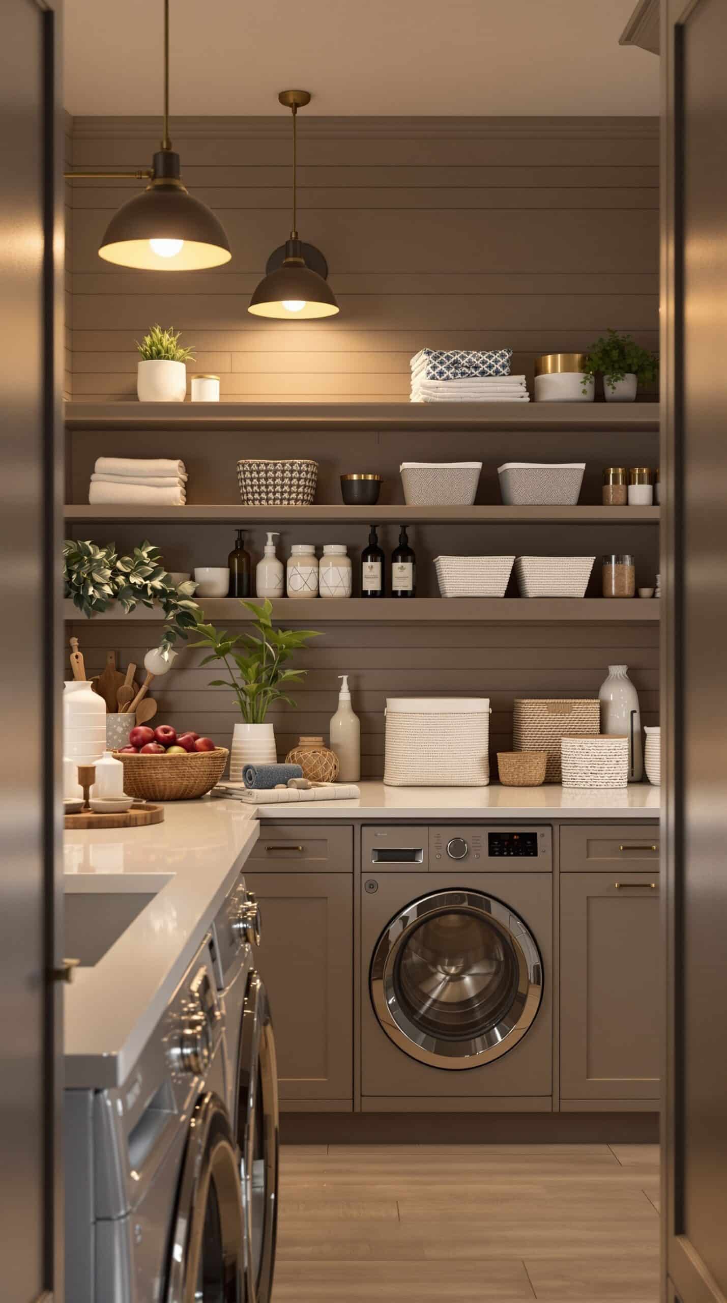 A stylish laundry room featuring chocolate lighting fixtures, modern appliances, and organized shelves.