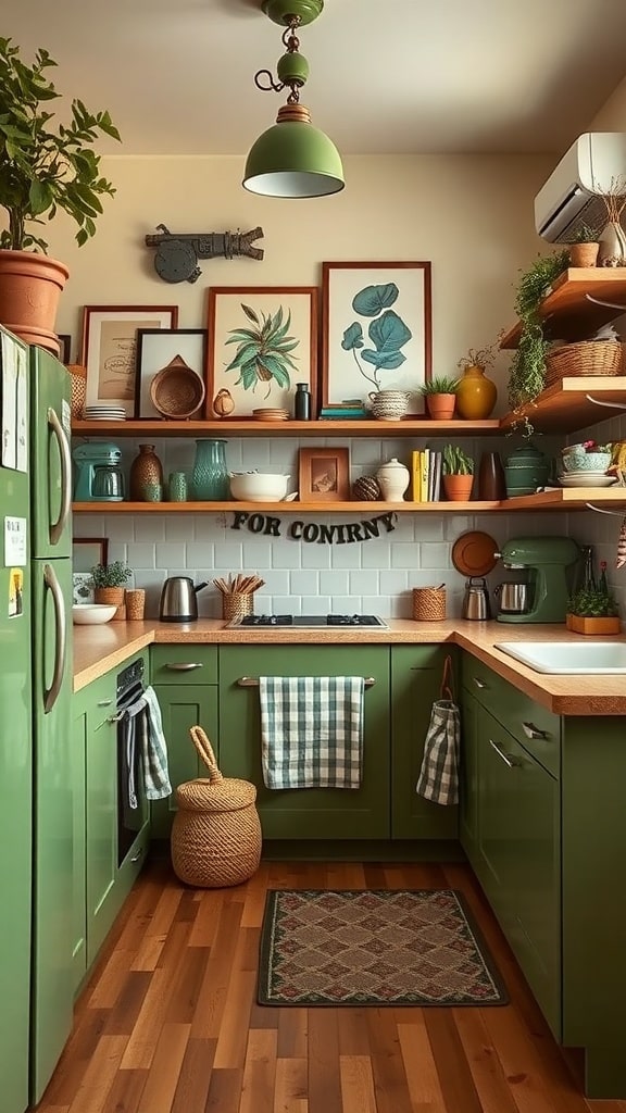 A cozy kitchen featuring olive green cabinets, open shelving with decor accents, and a warm wooden floor.
