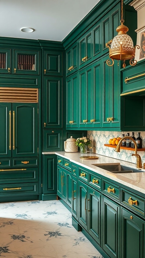Luxurious kitchen featuring emerald green cabinets with gold accents and a light countertop.