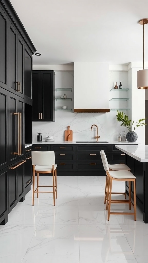 A modern black kitchen featuring white marble countertops and copper accents.