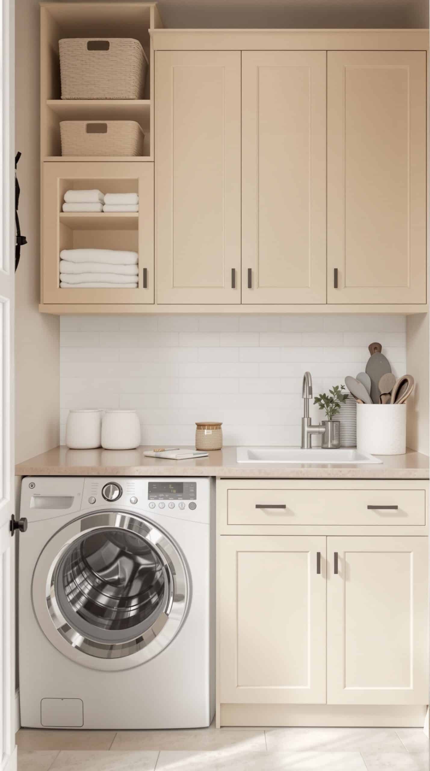 A beige laundry room with organized storage solutions, including cabinets, baskets, and a countertop.