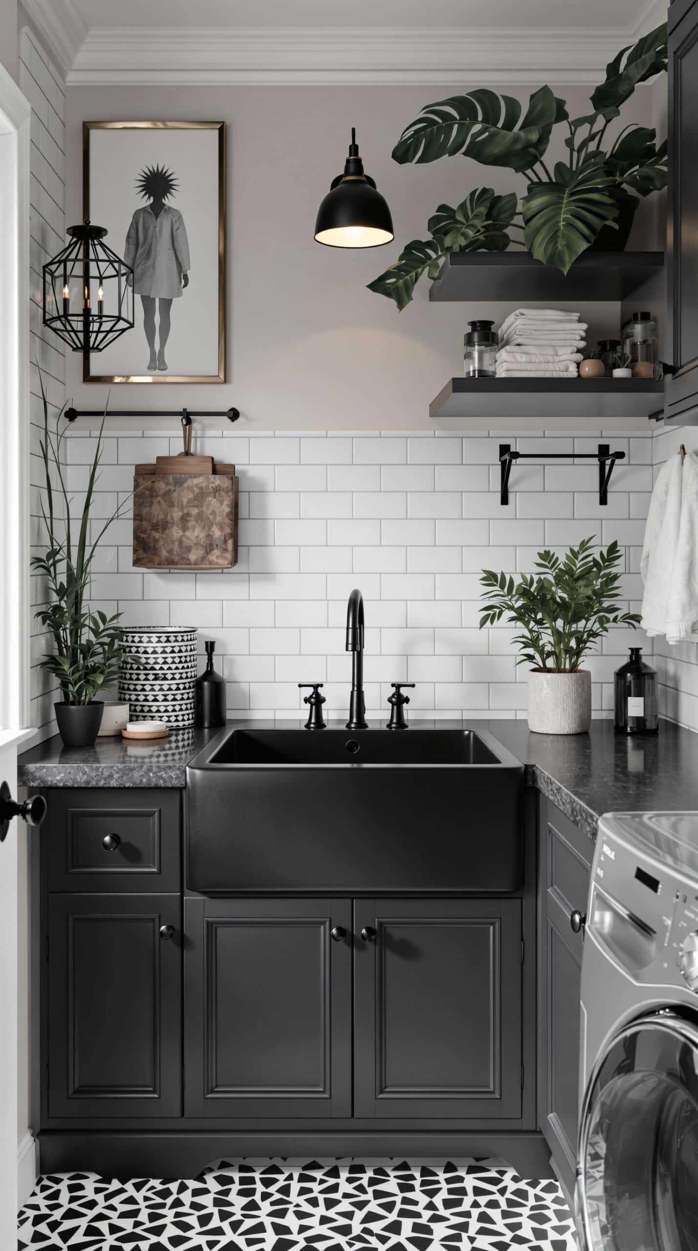 Modern laundry room featuring a black sink with black fixtures, white tiles, and decorative plants.