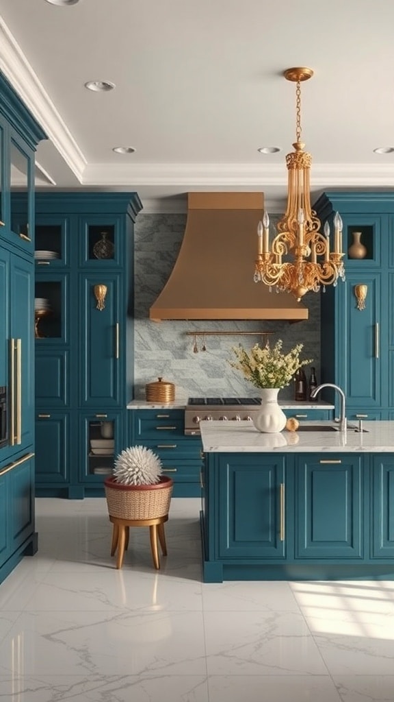 A peacock blue kitchen featuring gold accents, marble countertops, and a chandelier.