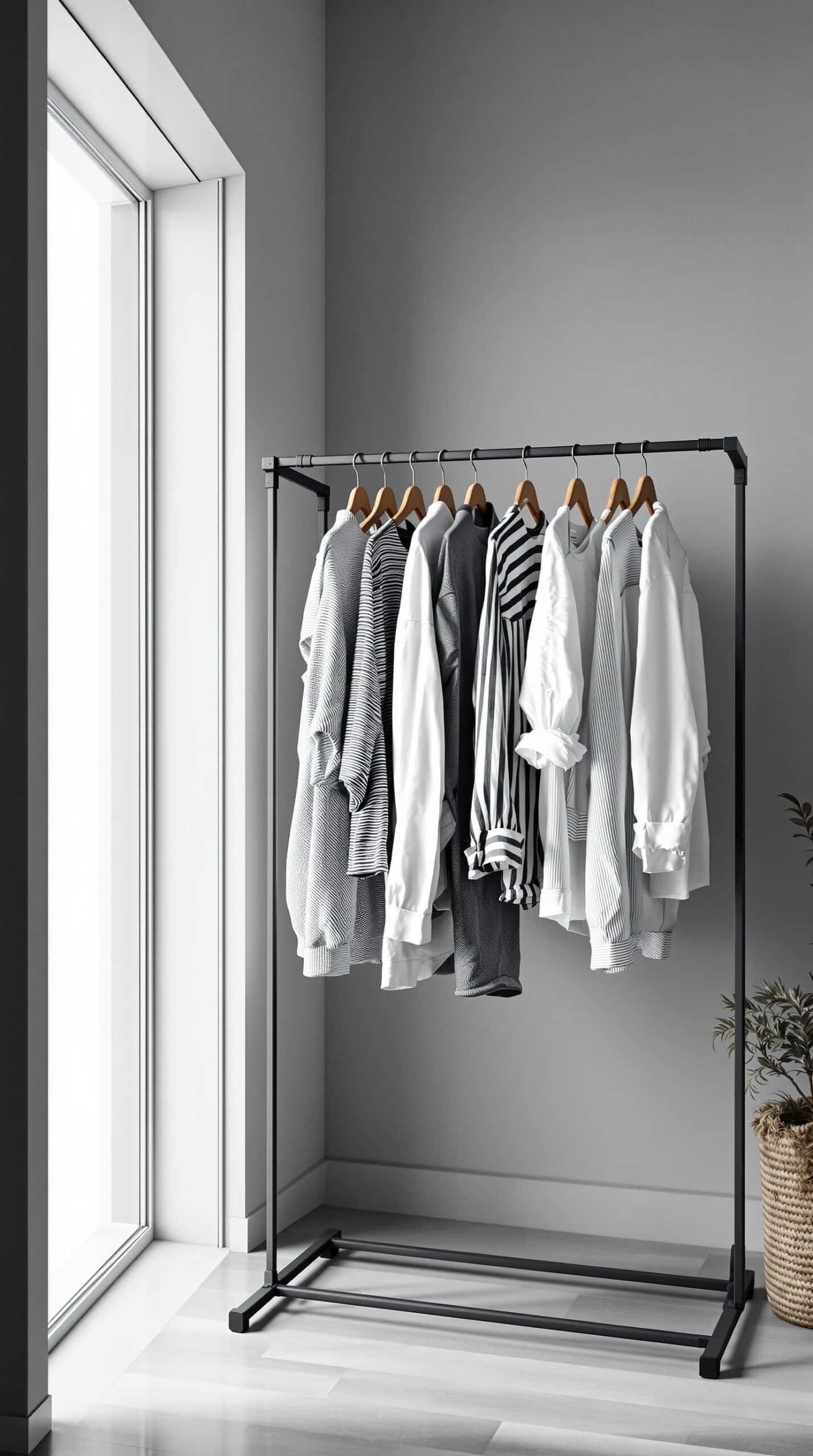 A minimalist black and white drying rack with clothes hanging, positioned near a window.