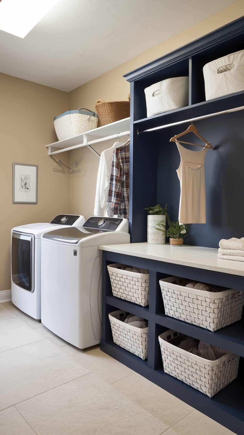 A navy blue laundry folding station with a countertop, storage baskets, and a hanging rod.