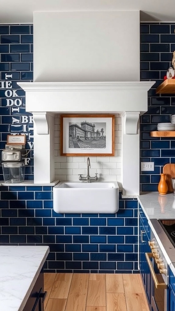 Kitchen featuring navy blue tiles as a bold backsplash with a white sink and wooden accents.