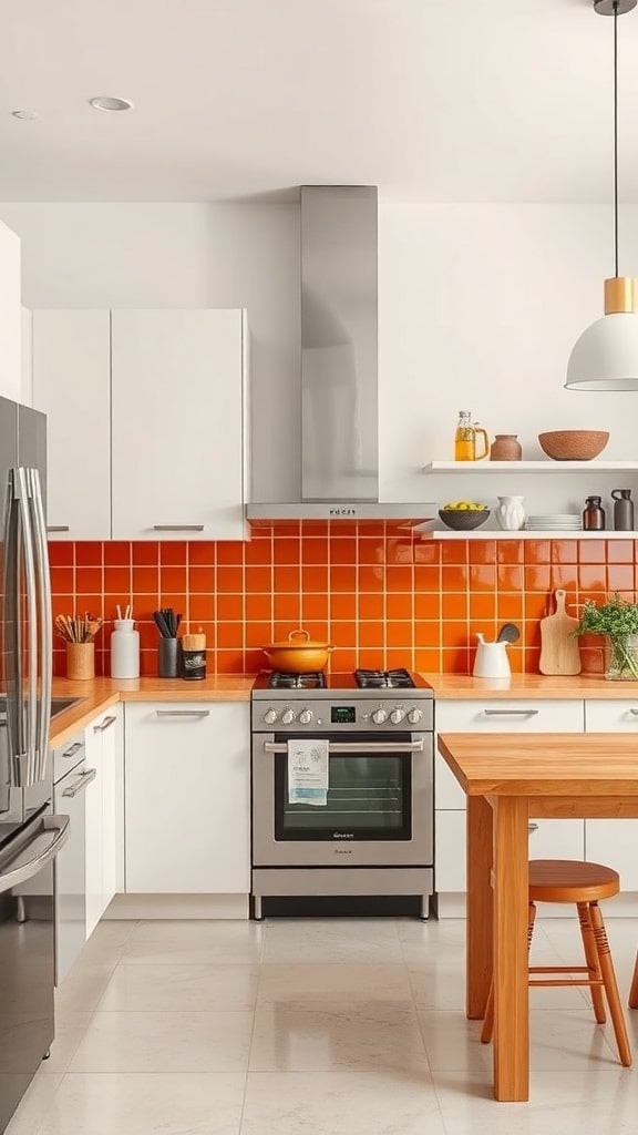 A kitchen featuring a rust orange backsplash with white cabinets and a wooden table.