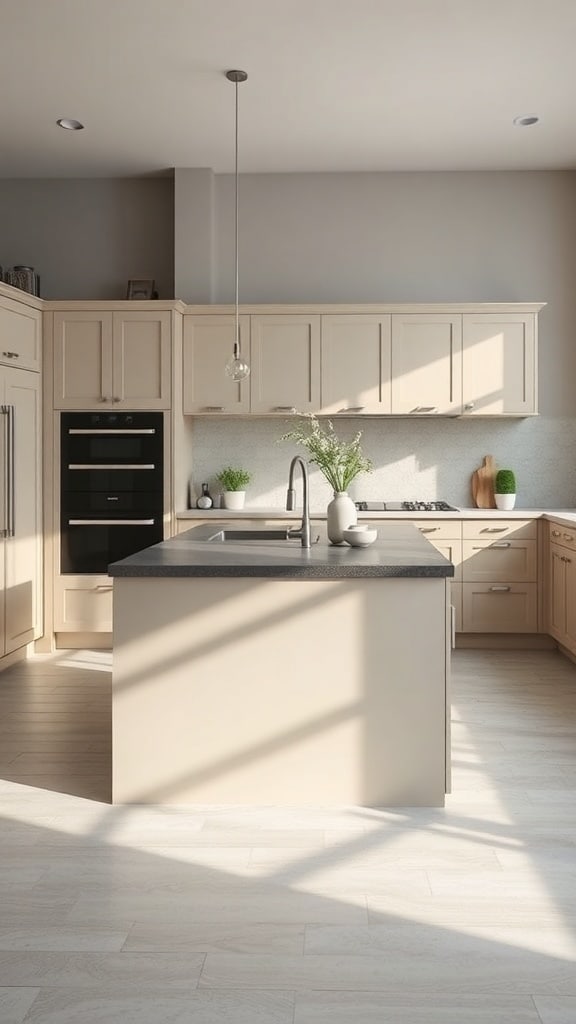 A greige kitchen island with a dark countertop, surrounded by light-colored cabinetry and natural light.