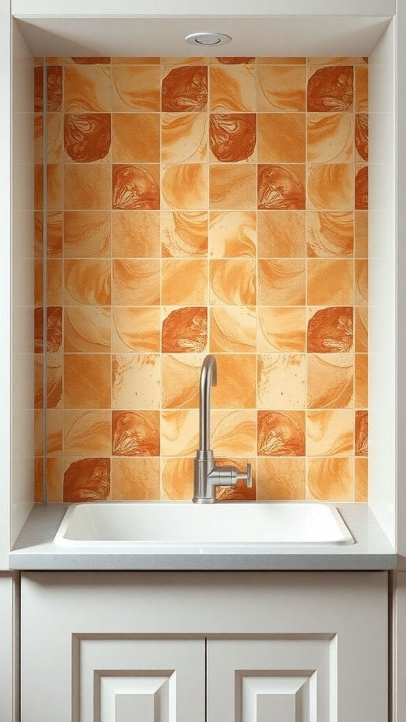 Caramel-colored tile backsplash in a laundry room with a white sink and cabinetry