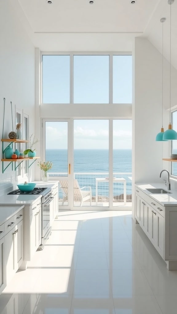 A bright coastal kitchen with large windows overlooking the ocean, featuring teal accents and an open layout.