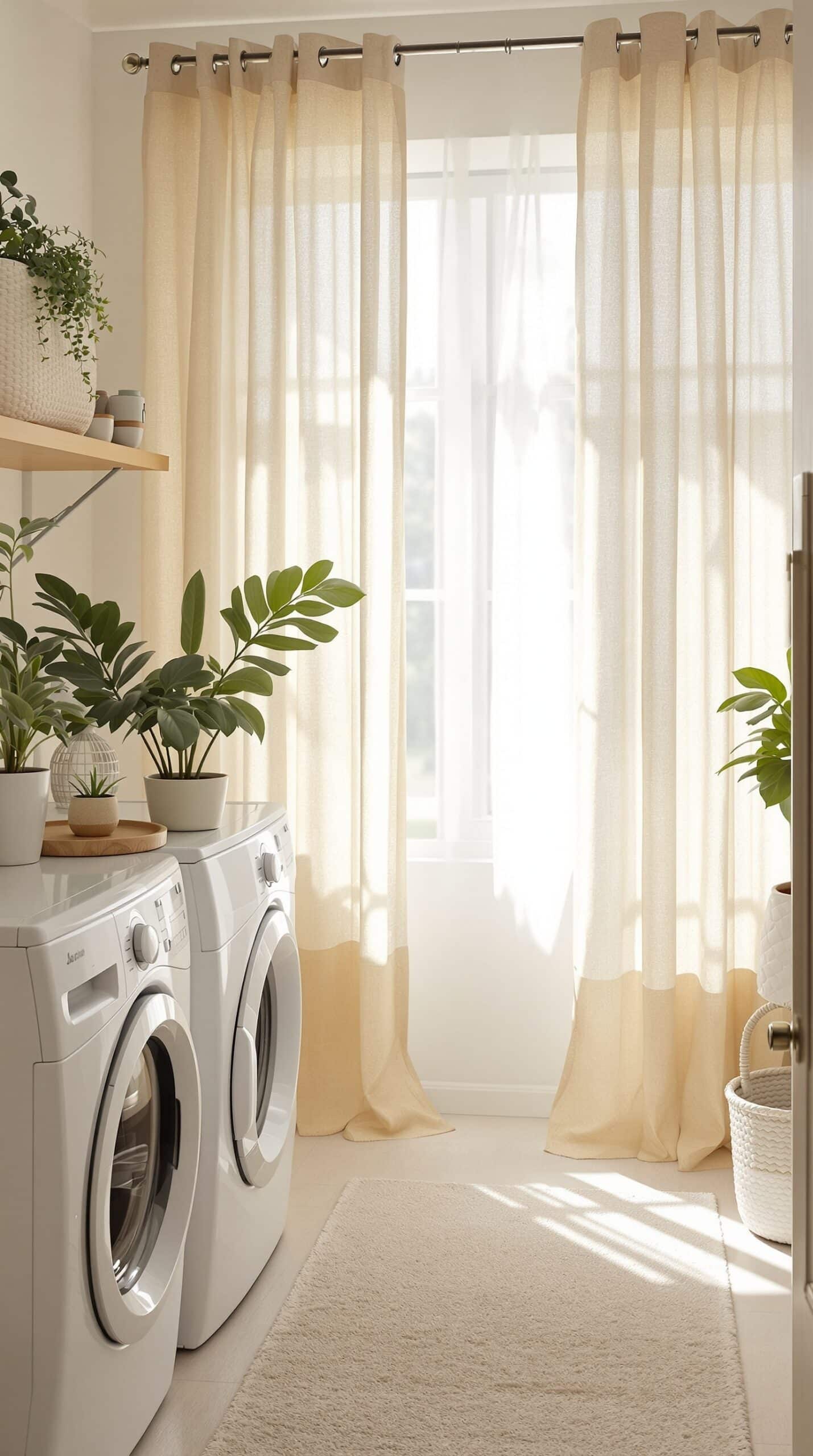 A cozy laundry room with beige curtains allowing natural light to filter in, complemented by plants and white appliances.