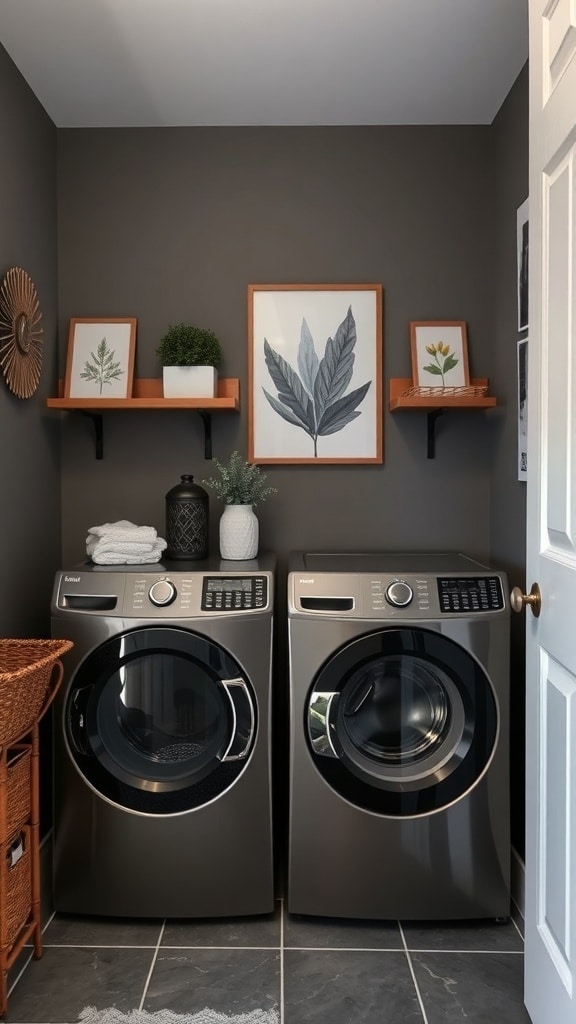 A modern laundry room with charcoal gray walls, framed botanical art, and wooden shelves displaying plants and decor.