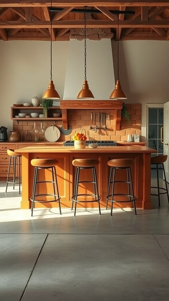 A rustic caramel kitchen island with bar stools and pendant lights, featuring a warm and inviting design.