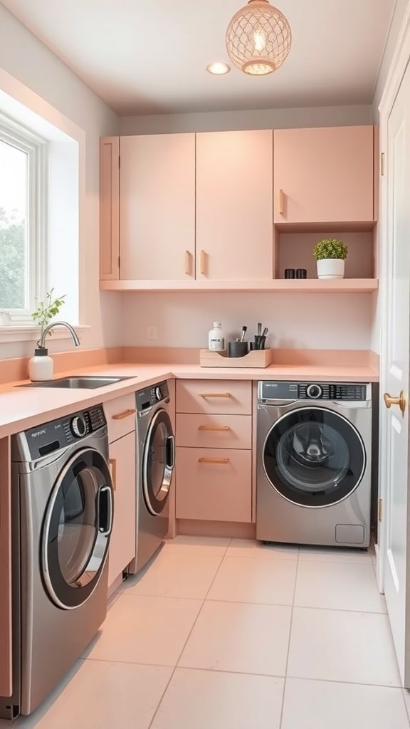 Laundry room with blush pink countertops and cabinetry, featuring modern appliances.