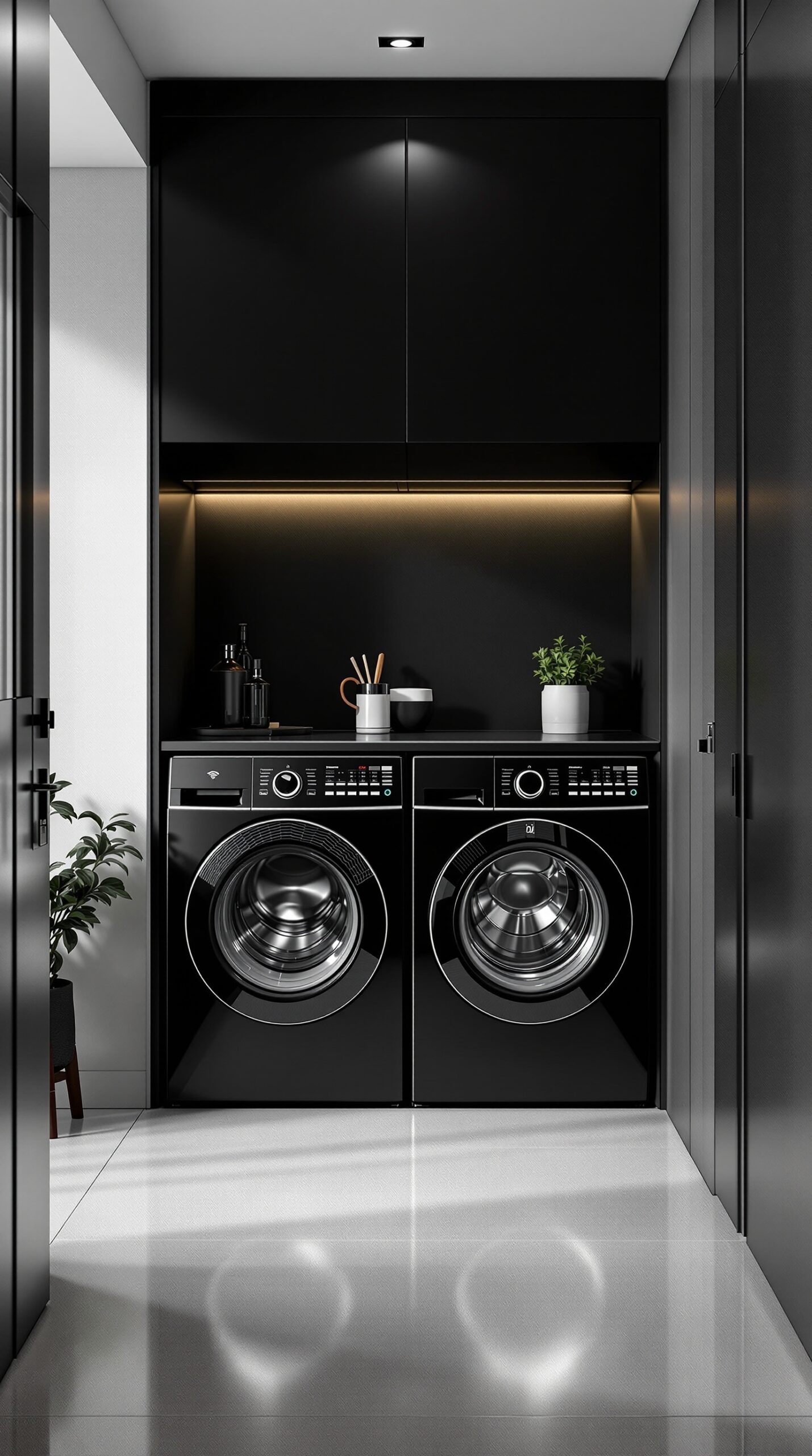 Modern black laundry room with sleek appliances and stylish cabinetry