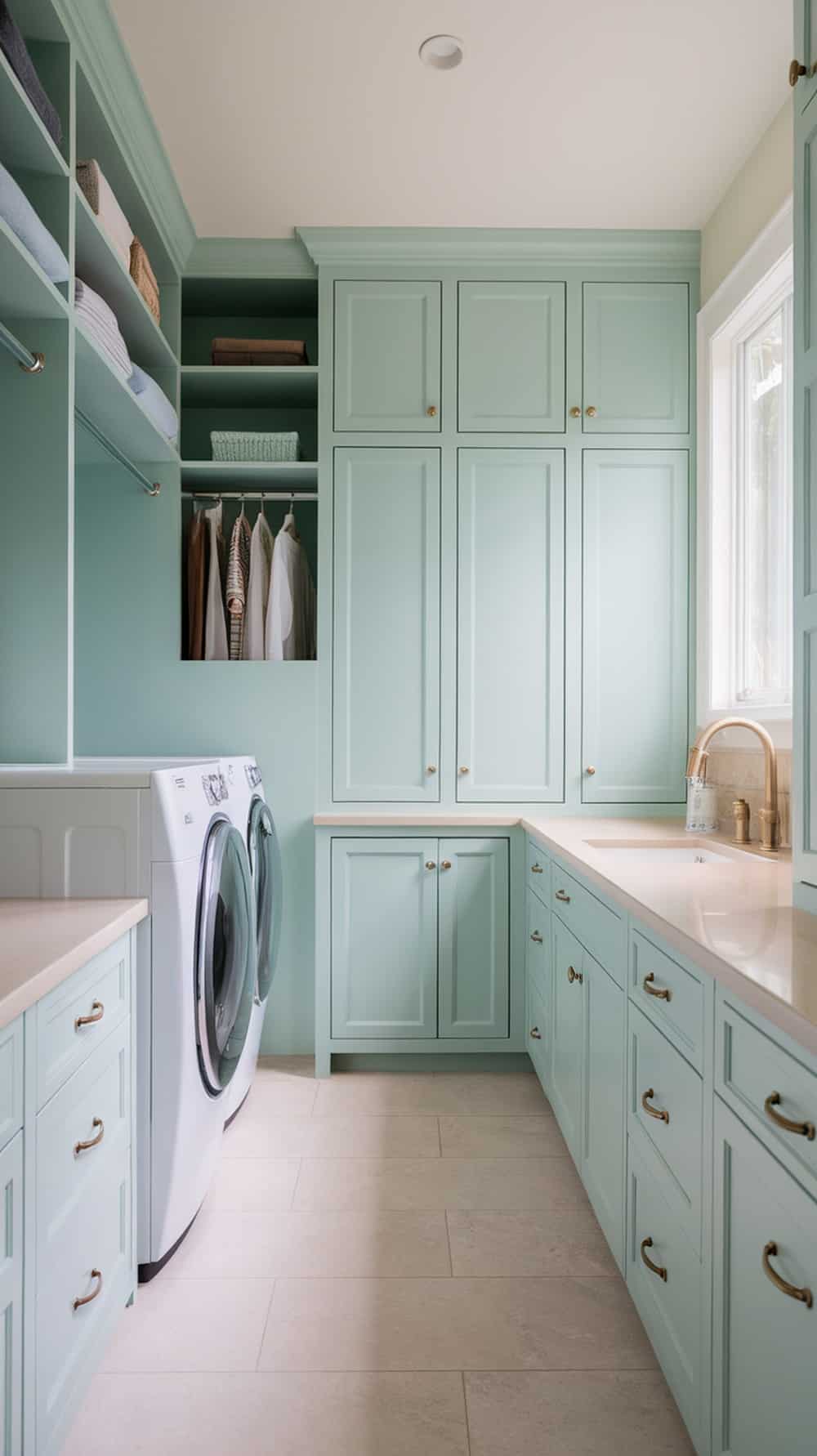 A laundry room featuring soft mint cabinets, a washing machine, and light countertops.