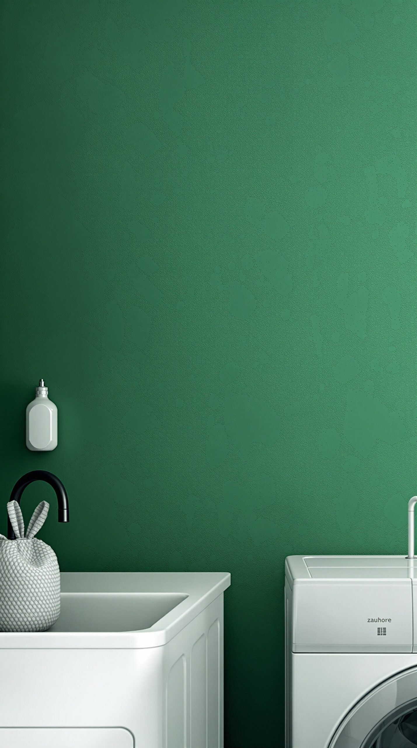 Textured green wallpaper in a laundry room with a white sink and washing machine