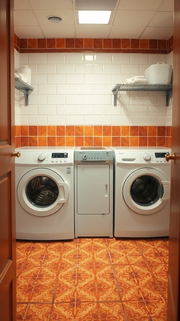 Laundry room with warm burnt sienna tiles and white appliances