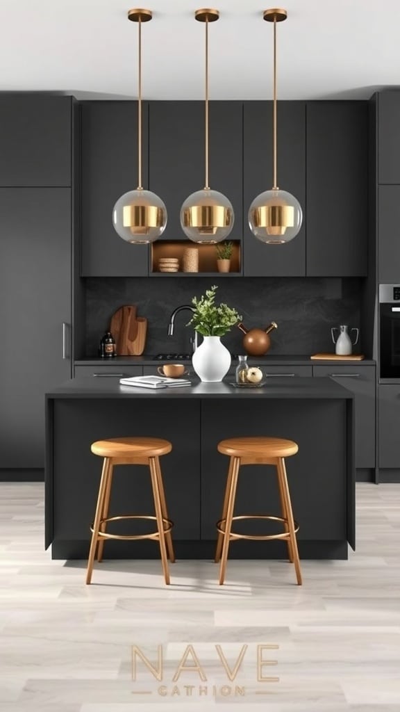Chic gray kitchen island with wooden stools and pendant lights